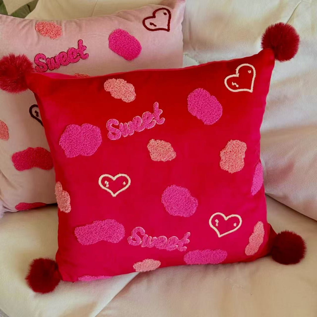Colorful Chenille Tufted Square Throw Pillow with Plush Pom-Pom Corners and Removable Insert