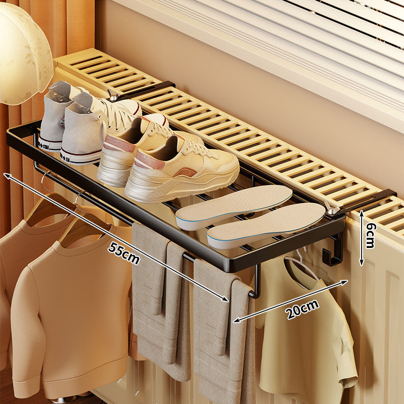 Radiator-Mounted Foldable Drying Rack with Shoe Shelf and Multi-Hook Garment Rail