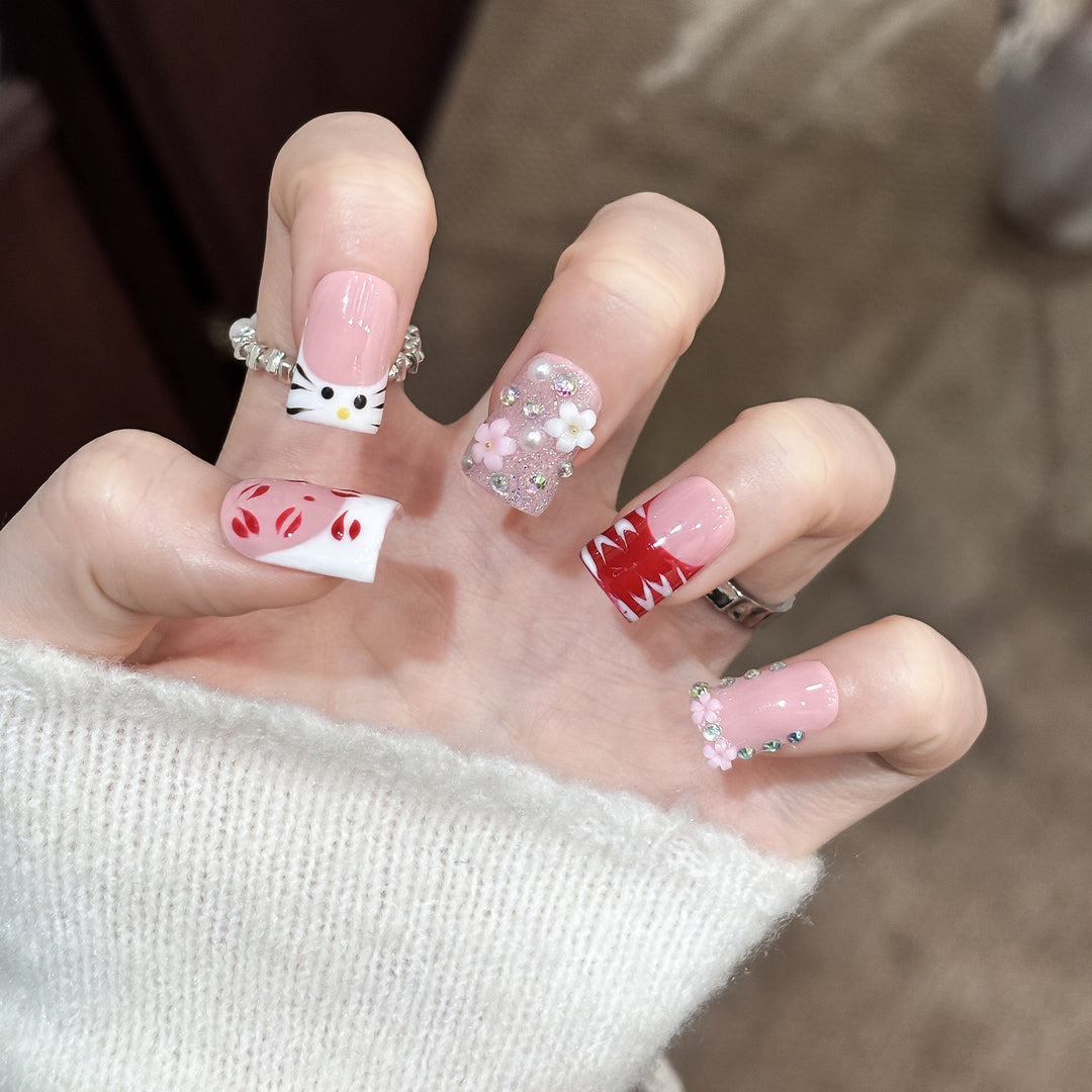 Artistic Press-On Nail Set with Floral and Charms