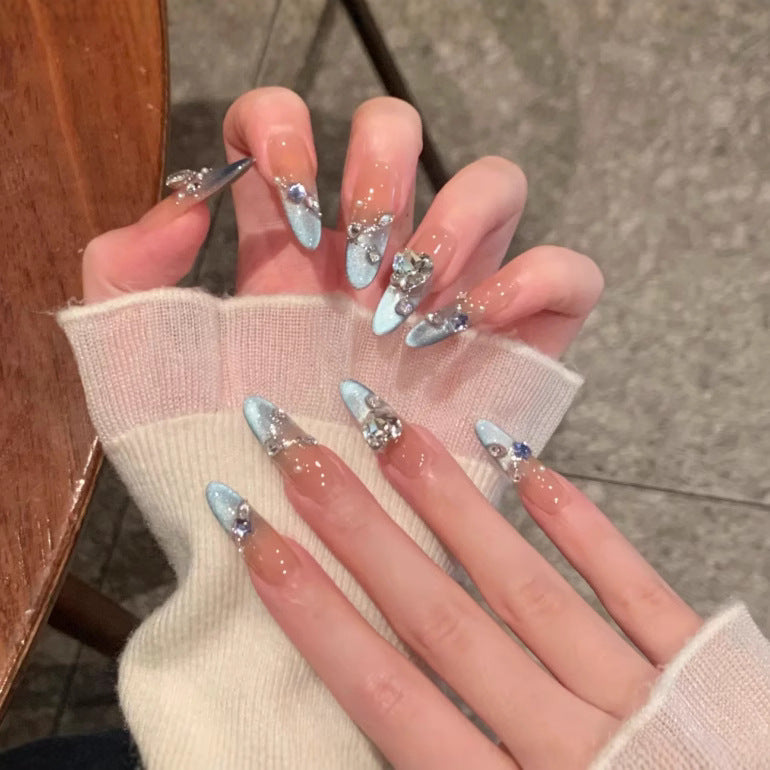 Artistic Press-On Nail Set with Floral and Gemstone Accents Stornfield