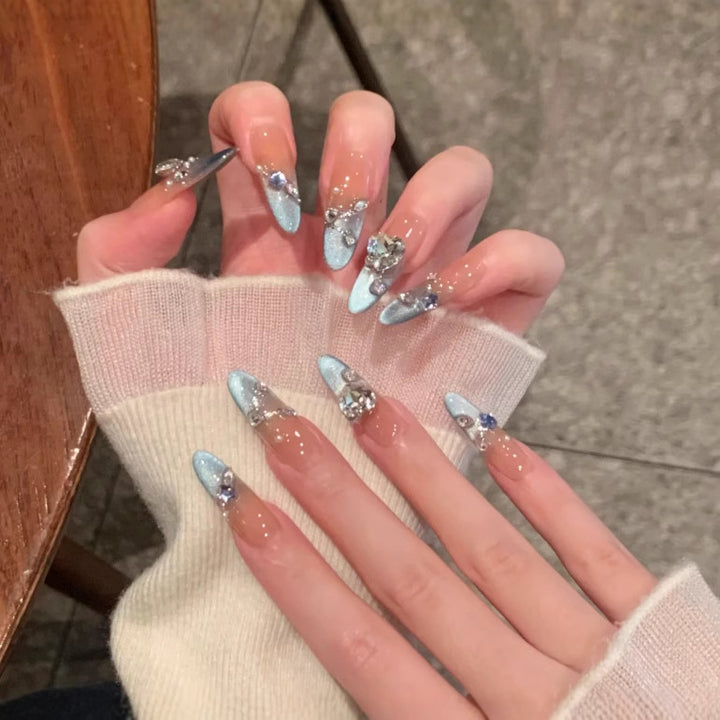 Artistic Press-On Nail Set with Floral and Gemstone Accents Stornfield