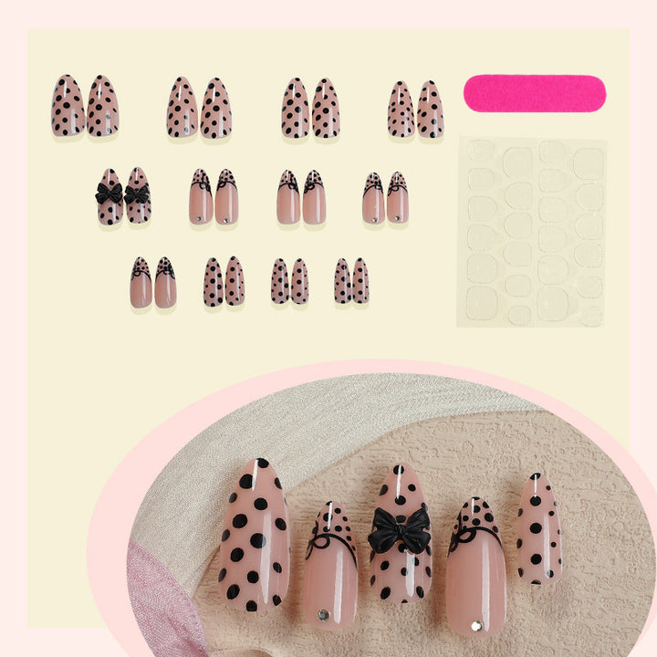Artistic Press-On Nail Set with Polka Dot and Bow Designs Stornfield