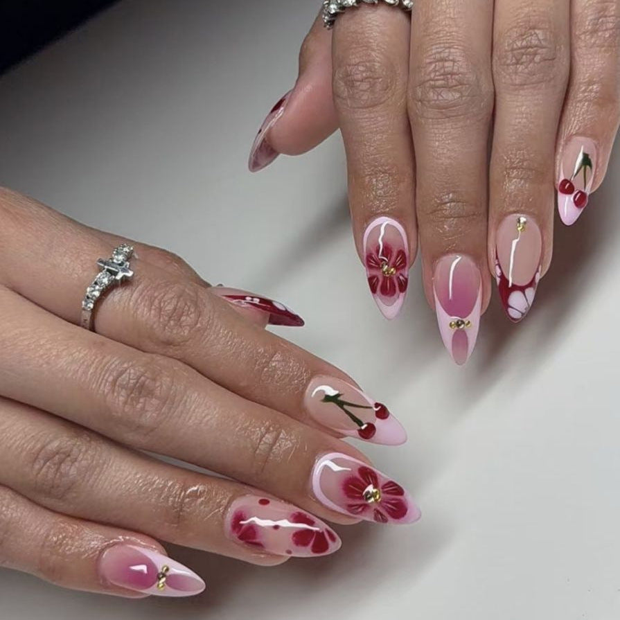 Artistic Floral and Cherry-Embellished Press-On Nails Stornfield