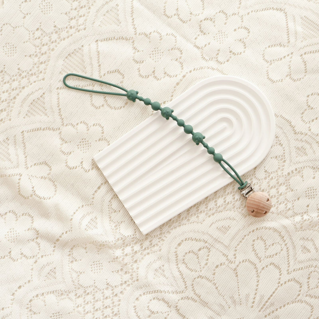 Silicone Beaded Pacifier and Teether Clip with Wooden Safety Clip