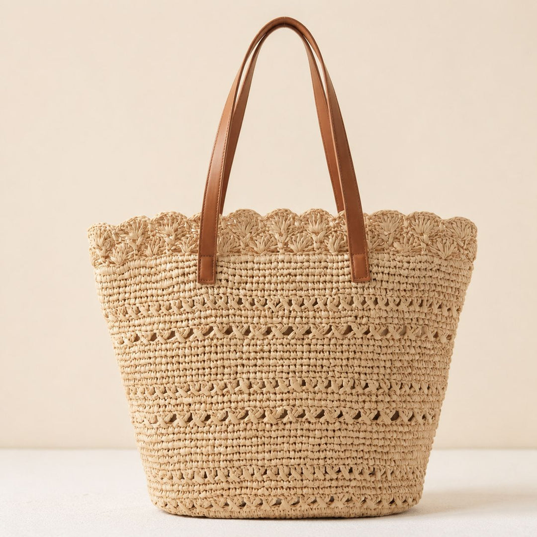 Beach bag with handcrafted crochet pattern and leather handles Stornfield