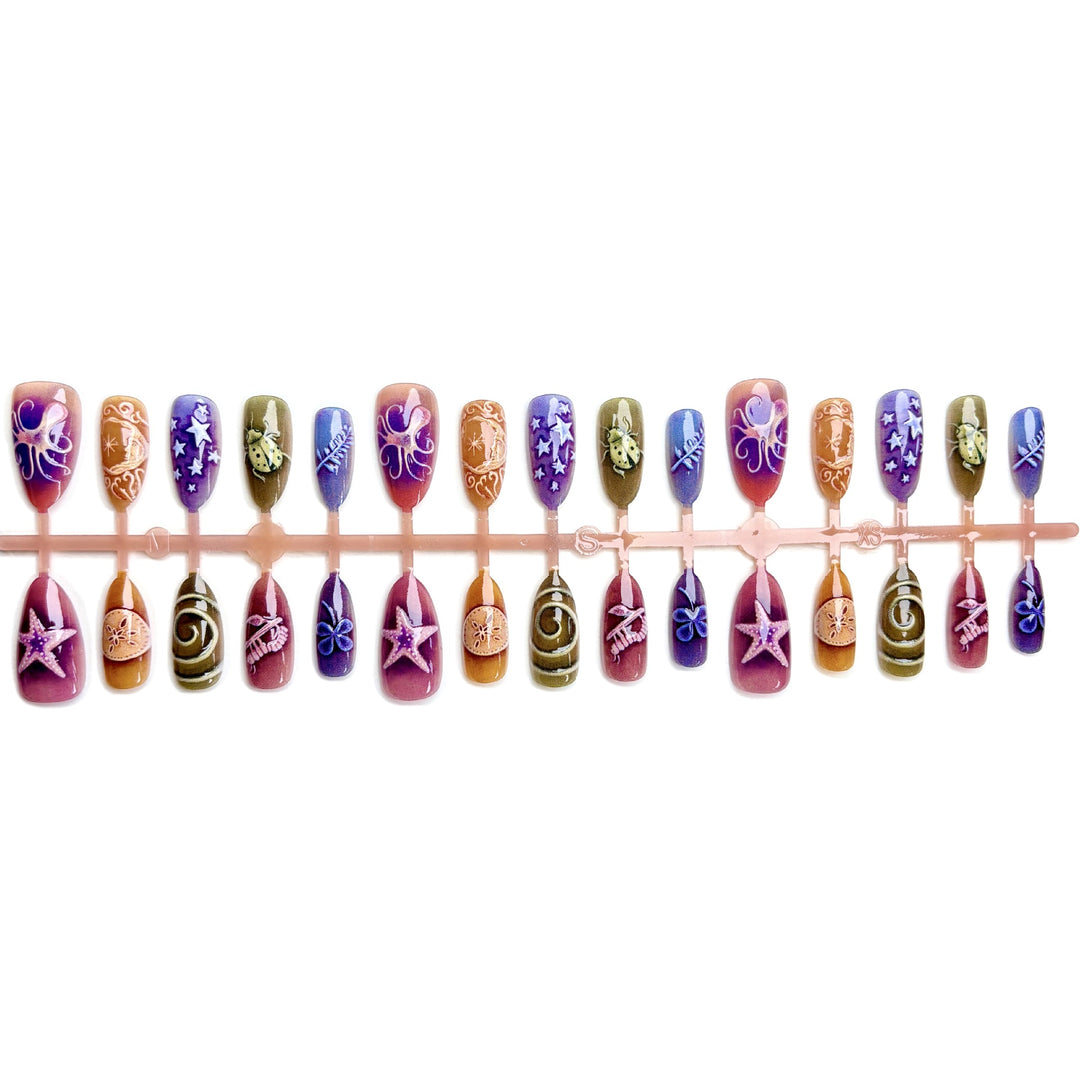 Artistic Press-On Nail Art Set with Oceanic Themes