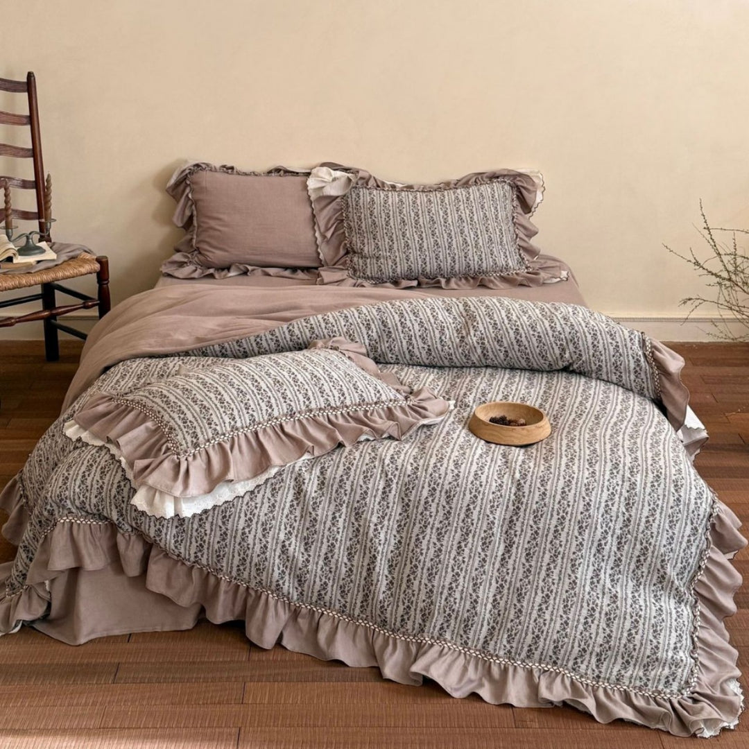 Ruffled Floral Stripe Cotton Duvet Cover and Sham Set