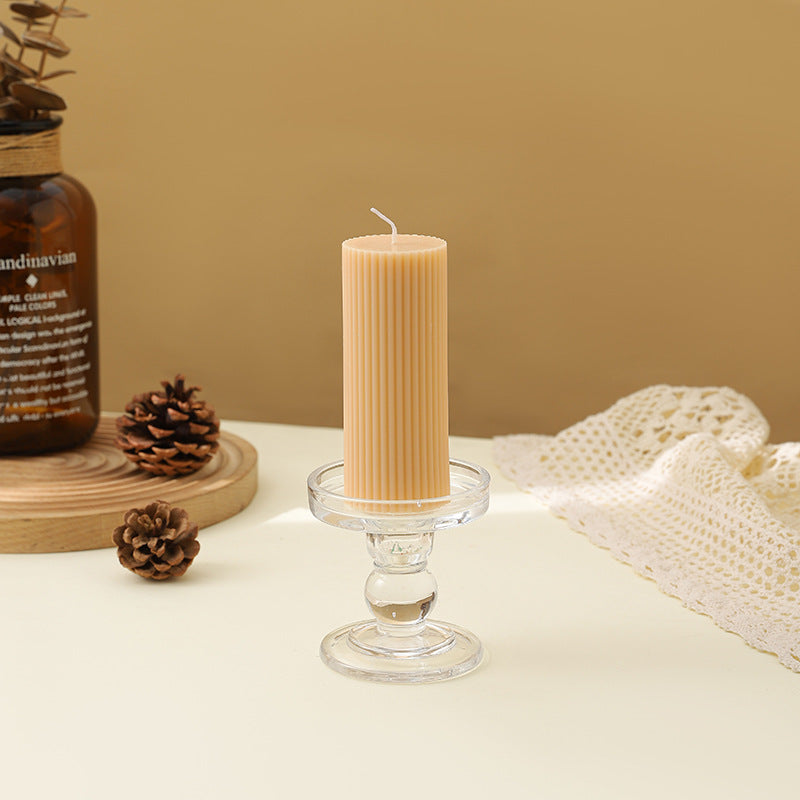 Ribbed Decorative Pillar Candle with Crystal Glass Pedestal Holder