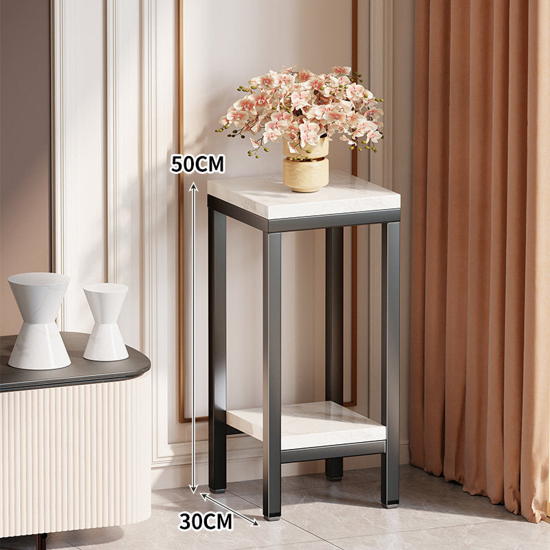 Tall Narrow Marble-Top Plant Stand Side Table with Lower Shelf and Gold Metal Frame