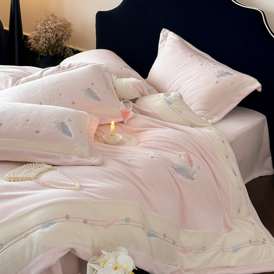 Plush Brushed Flannel Embroidered Feather Duvet Cover and Sham Set