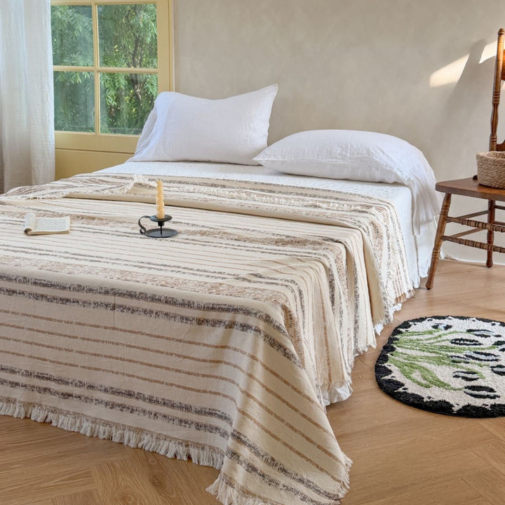 Oversized Woven Cotton Bedspread Throw with Fringe