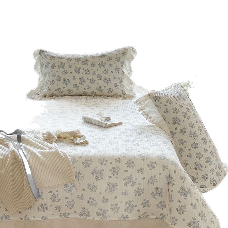 Quilted Polka Dot Cotton Bedspread Set with Eyelet Lace Ruffled Shams