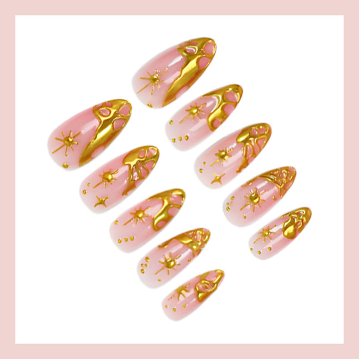 Acrylic Nail Set with Glamorous Gold Accents and Elegant Designs Stornfield