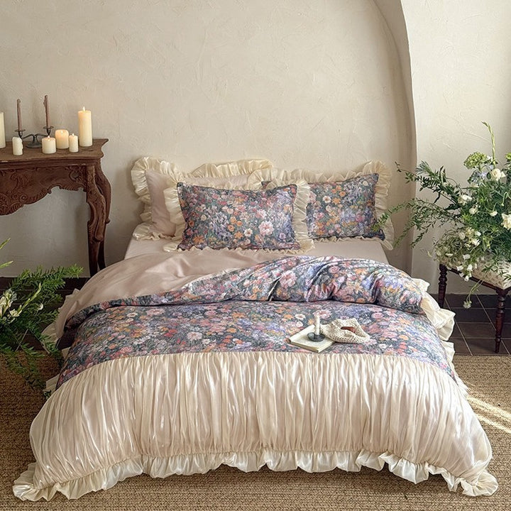 Floral bedding set with vintage painting print, ruffled pillow and gathered bedspread