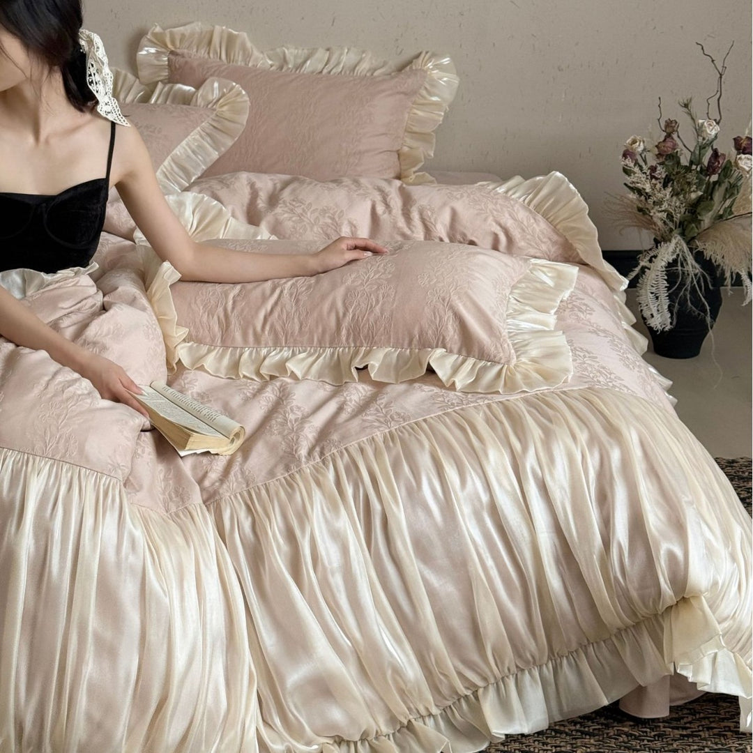 Luxurious Ruffled Satin Bedding Set with Pleated Coverlet