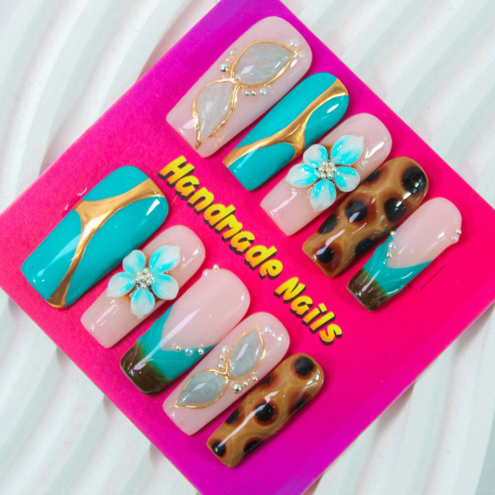 Artificial Nails Set with Handmade Glitter and Flower Designs Stornfield