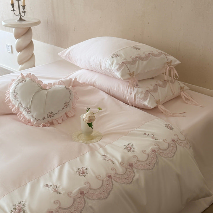 Embroidered Ruffled Cotton Sateen Duvet Cover Set with Decorative Tie Pillow Shams and Heart Throw Pillow