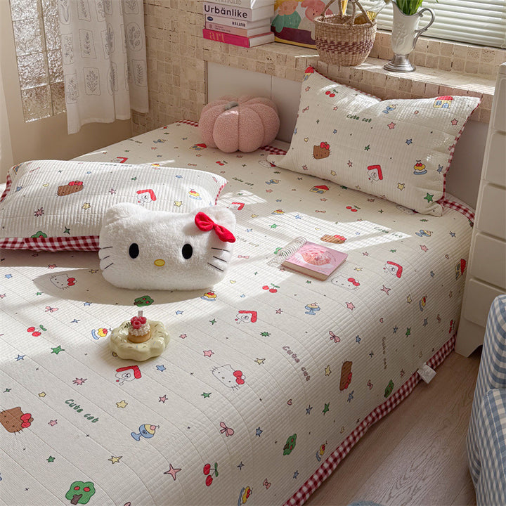 Quilted Cotton Toddler Bed Coverlet Set with Playful Dog and Flower Print and Gingham Trim