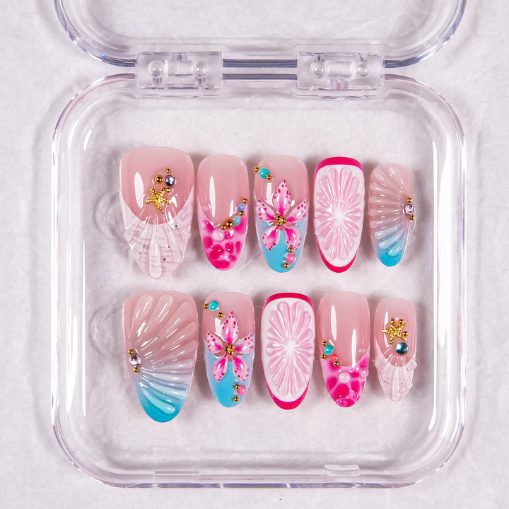 Artistic Press-On Nail Set with Floral Accents