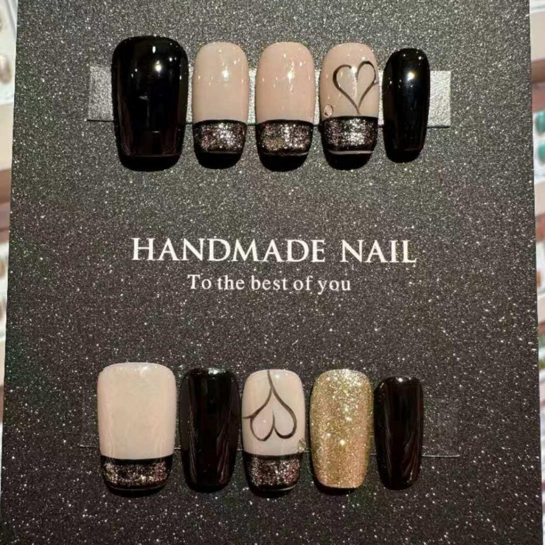 Handmade Nail Art Set with Elegant Heart and Glitter Accents