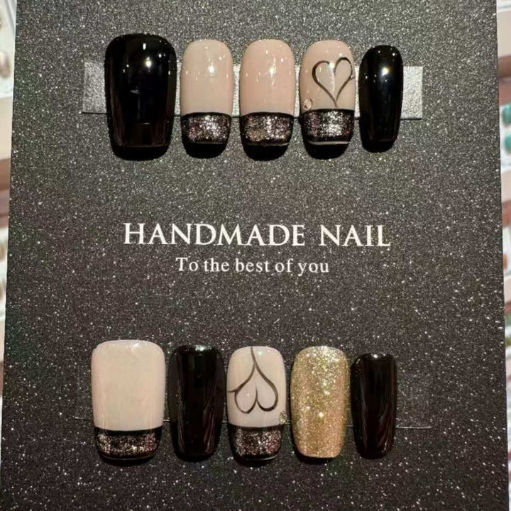 Handmade Nail Art Set with Elegant Heart and Glitter Accents