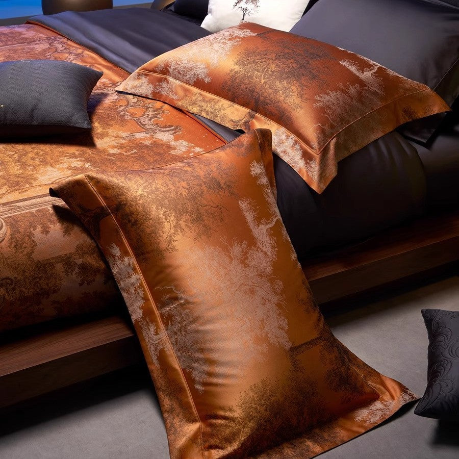 Silky Jacquard Copper Toile Duvet Cover Set with Envelope Pillow Shams