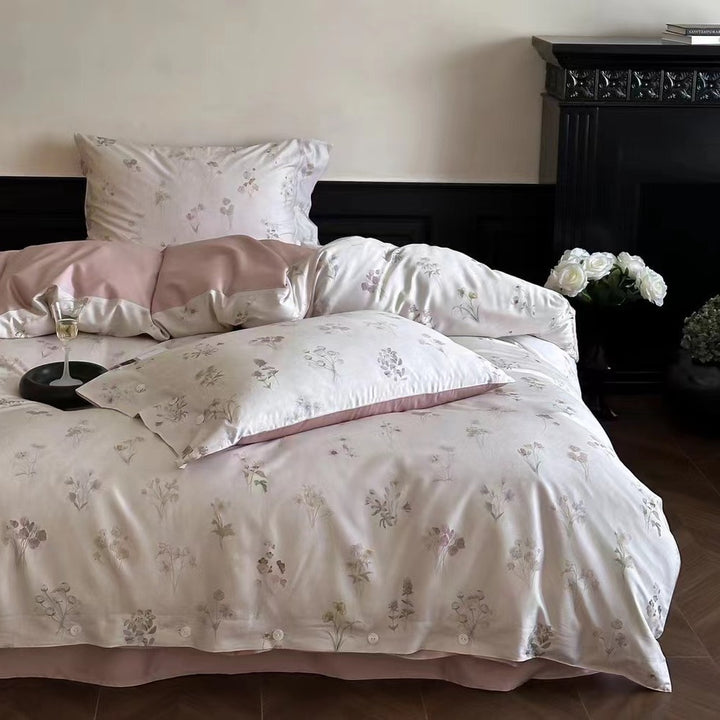 Luxurious satin bedding set with delicate rose patterns and button placket