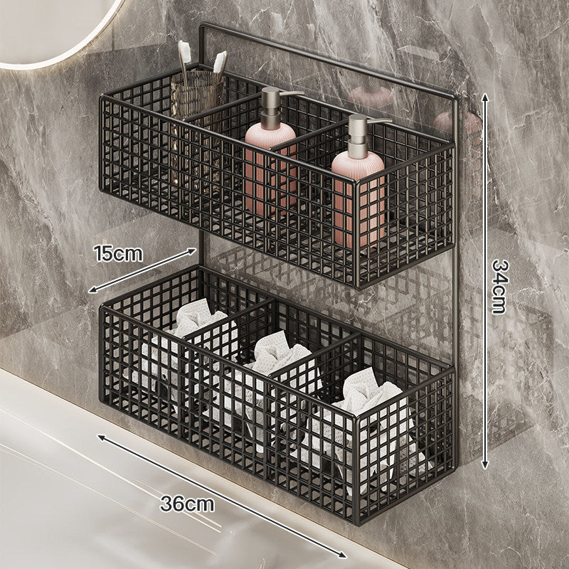 Wall-Mounted Metal Grid Bathroom Caddy with Triple Compartments Hooks and Drainable Base