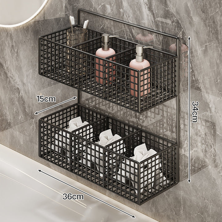 Wall-Mounted Metal Grid Bathroom Caddy with Triple Compartments Hooks and Drainable Base