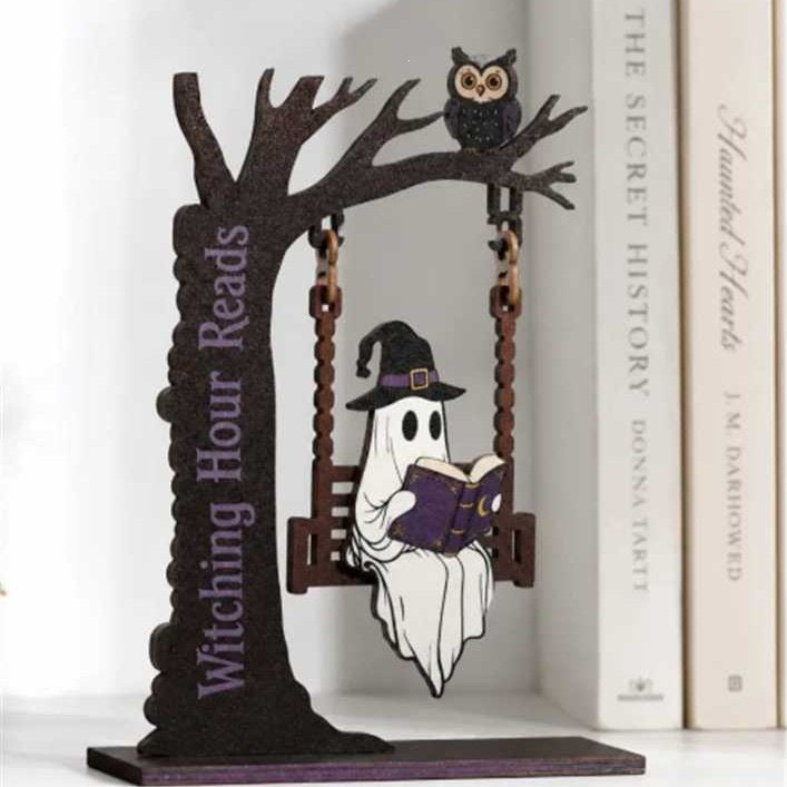 Whimsical Ghost and Cat Hanging Sign Sculpture Stornfield