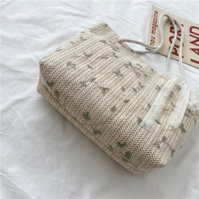 Woven Straw Beach Tote Bag with Decorative Ribbon