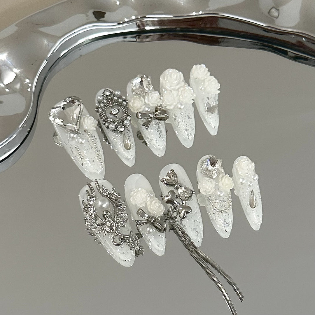 Elegant 3D Floral Embellished Press-On Nail Set