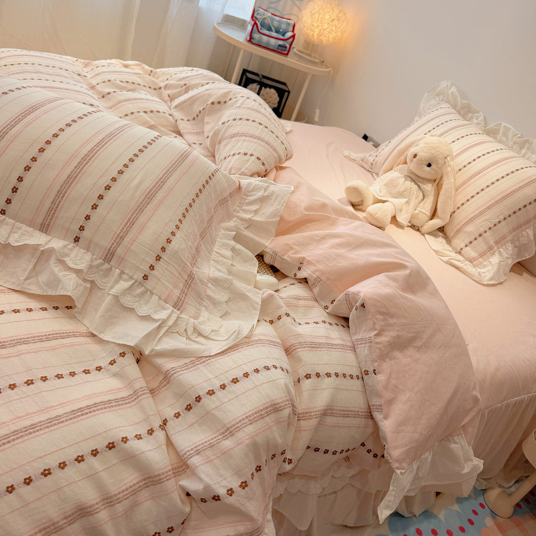 French Cottage Ruffled Cotton Duvet Cover Set with Striped Floral Embroidery and Frilled Pillow Shams