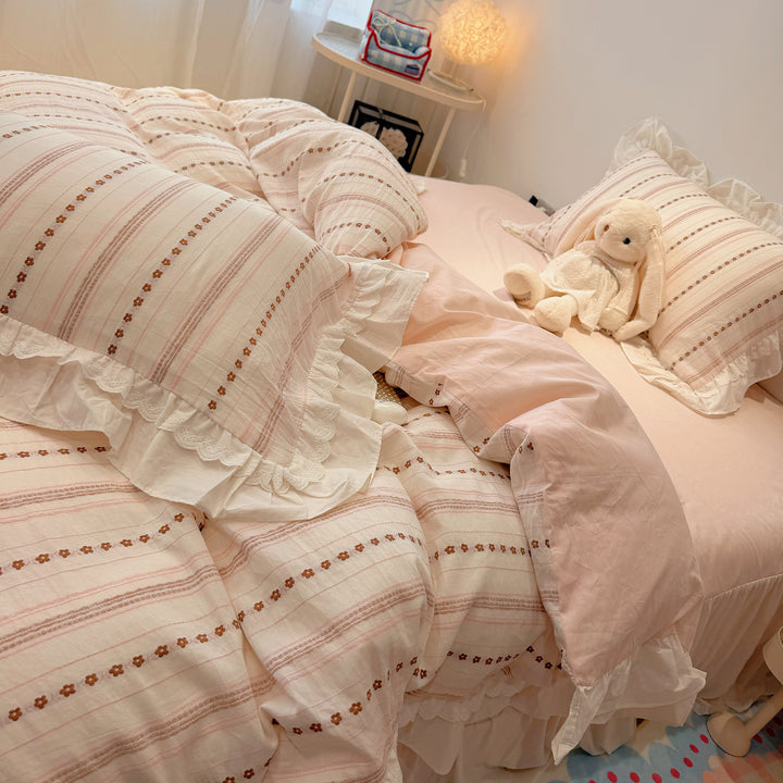 French Cottage Ruffled Cotton Duvet Cover Set with Striped Floral Embroidery and Frilled Pillow Shams