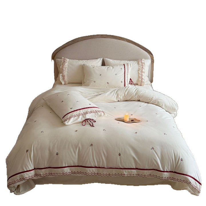 Embroidered Floral Cotton Sateen Duvet Cover Set with Scalloped Lace and Ribbon Ties