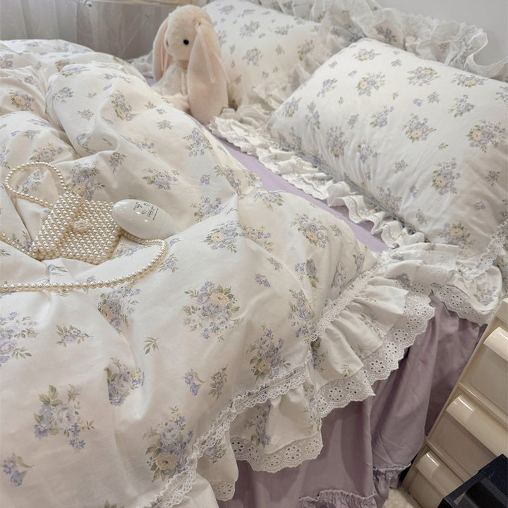 Ruffled Floral Lace-Trim Duvet Cover Set with Pillow Shams