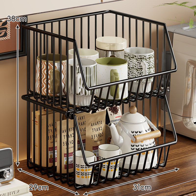 Four-Tier Tall Rolling Wire Pantry and Mug Storage Cart with Deep Slanted Baskets