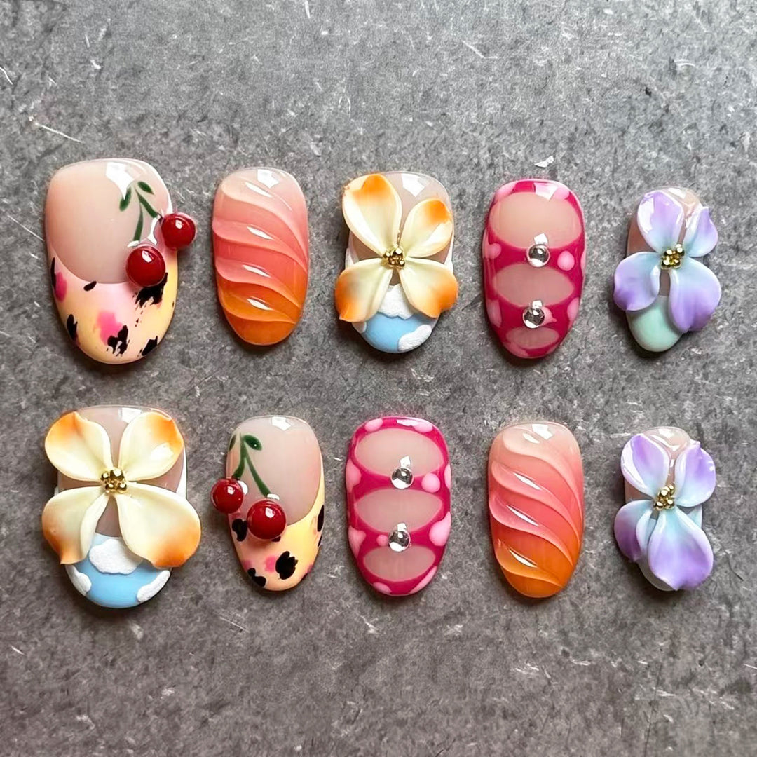 Artistic Press-On Nail Set with Floral and Gem Accents 1790746017