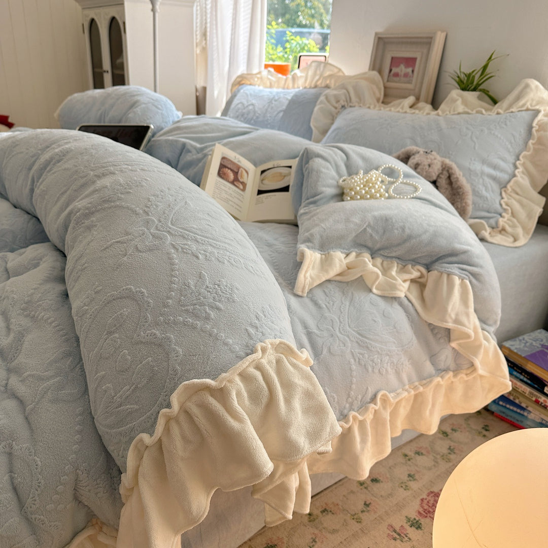 Plush Ruffled Embossed Velvet Comforter Set with Layered Frill Shams