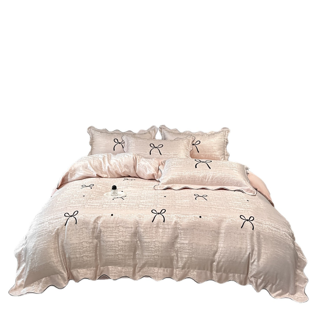 Satin-Weave Embroidered Bow Duvet Cover and Shams Set