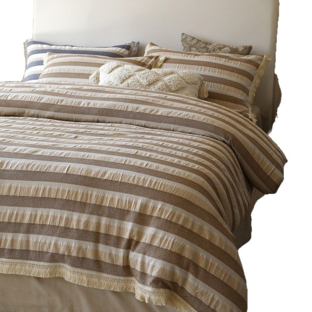Striped Cotton-Linen Duvet Cover Set with Textured Fringe Trim