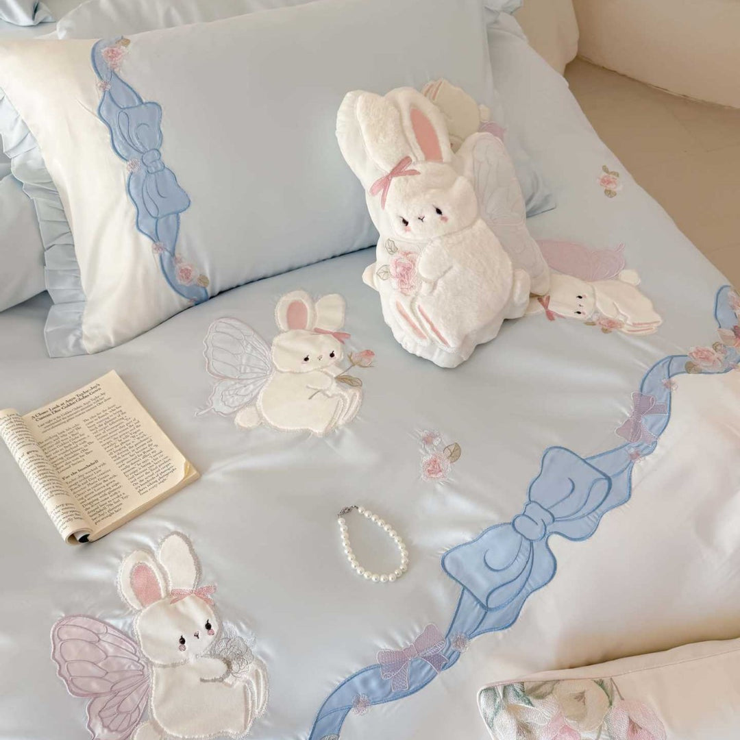 Pastel Embroidered Bunny Cotton Duvet Cover Set with Ruffled Hem and Decorative Bow Motif