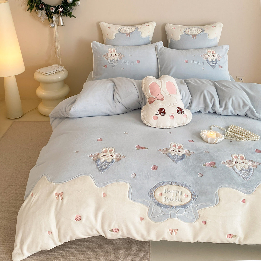 Embroidered Bunny Cotton-Sateen Duvet Cover Set with Plush Bunny Pillow and Ruffled Edge