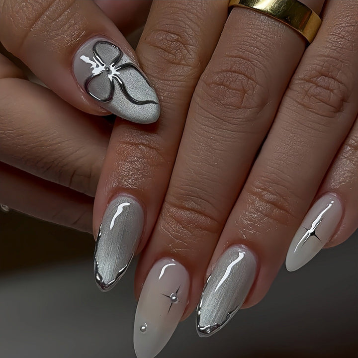 Elegant Stiletto Nail Art Extensions with Silver Accents Stornfield