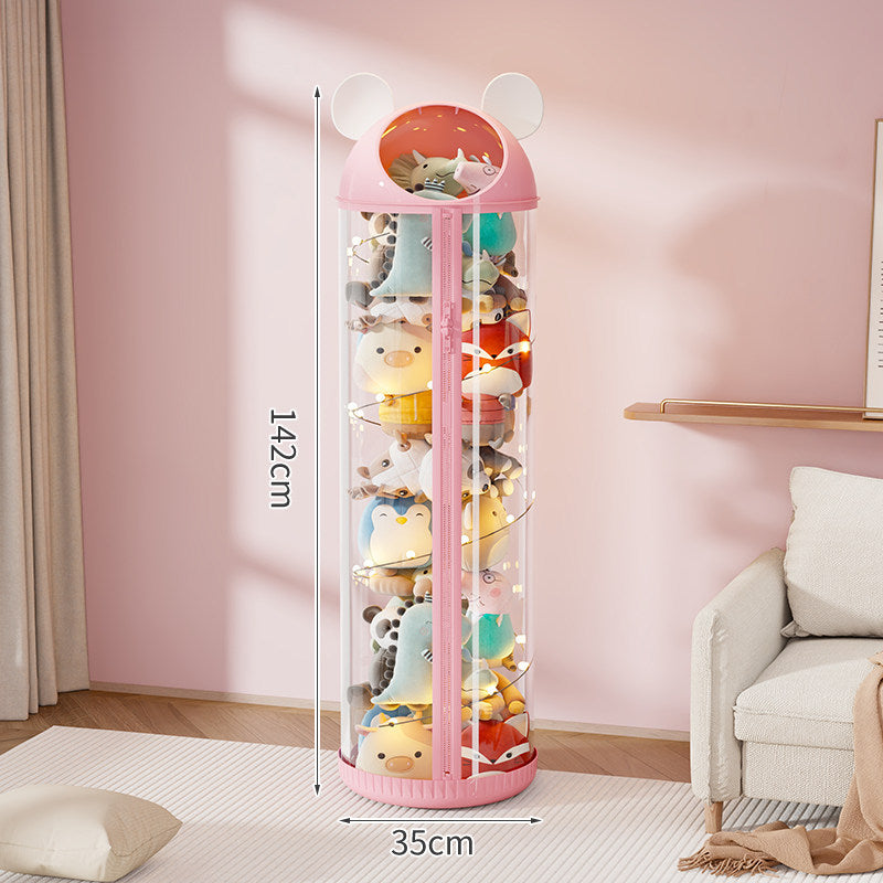 Vertical Clear Cylinder Plush Toy Storage Tower with Divided Shelves and Caster Base
