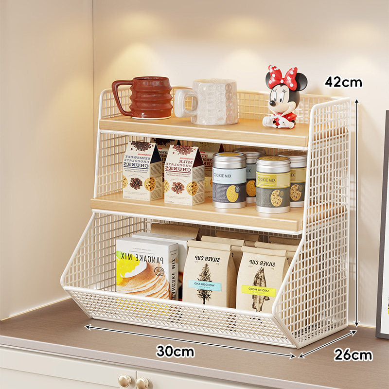 Compact Mesh Countertop Pantry Organizer with Two Wooden Shelves and Deep Front Basket