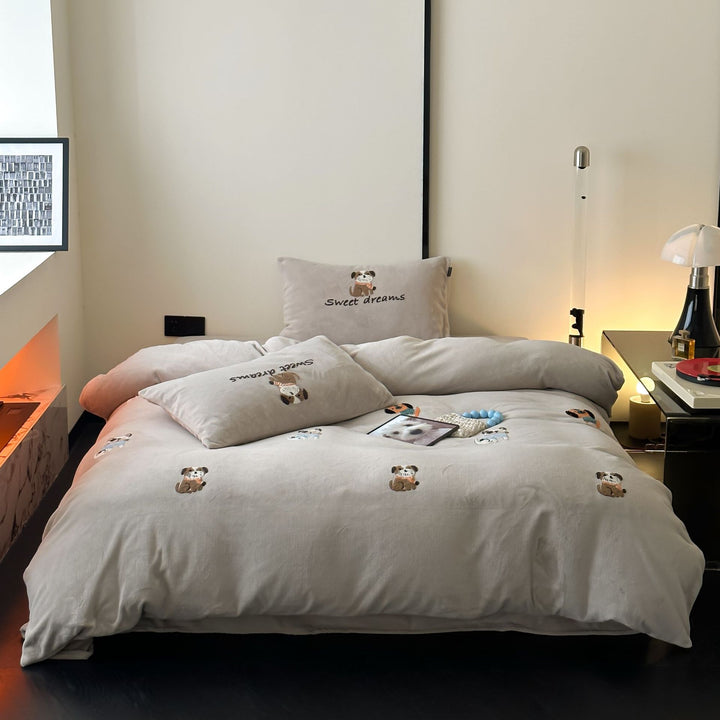 Cotton Percale Embroidered Puppy Duvet Cover and Pillowcase Set
