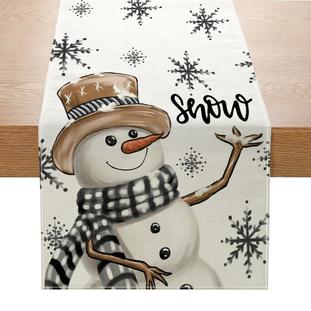 Festive Buffalo Check Cotton-Linen Table Runner with Merry Christmas Pine Design