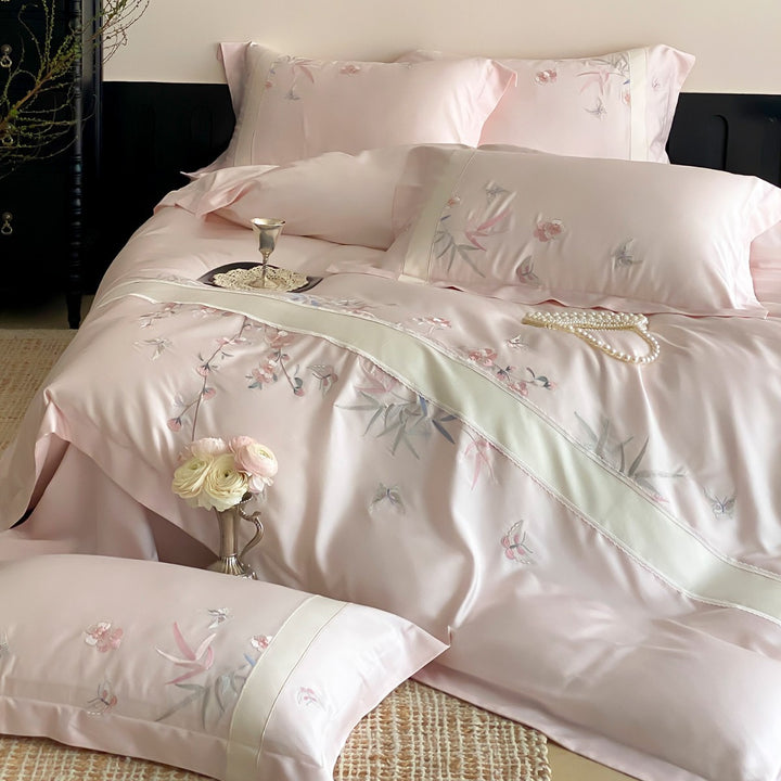 Silk-Feel Reversible Embroidered Botanical Duvet Cover Set with Satin-Trim Shams