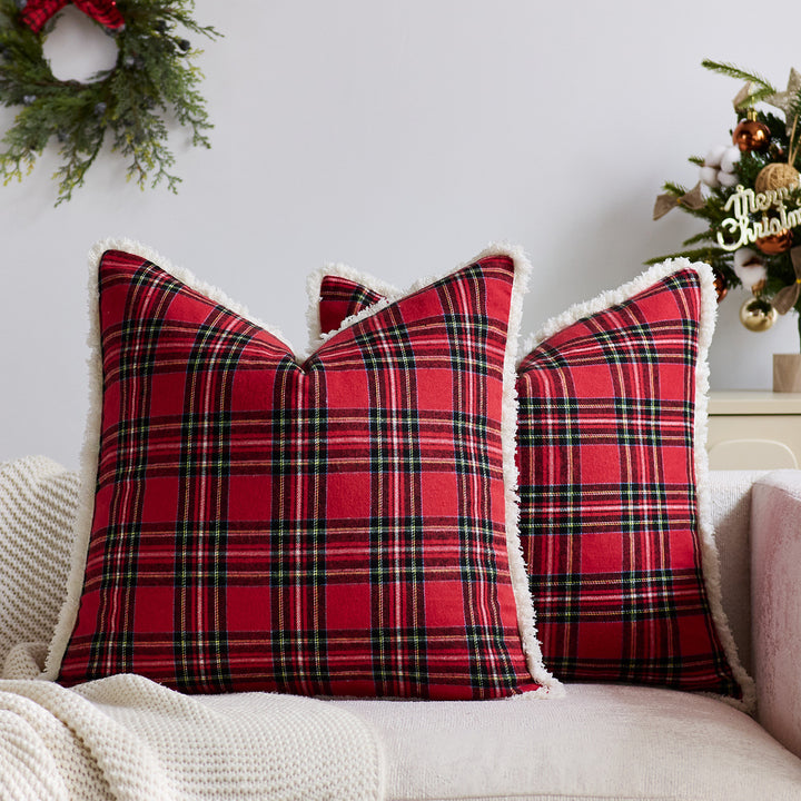 Plaid Sherpa-Trim Square Decorative Throw Pillow Cover